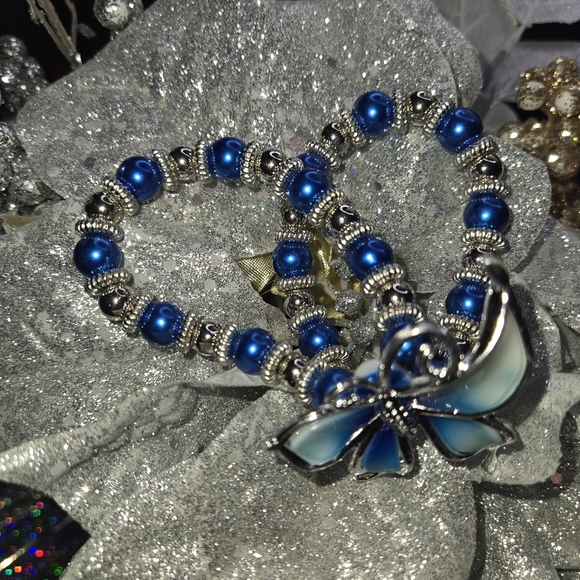 Fashion Jewelry I Butterfly Double Bracelet I Faux Blue Pearl I Expandable Band - Picture 4 of 5